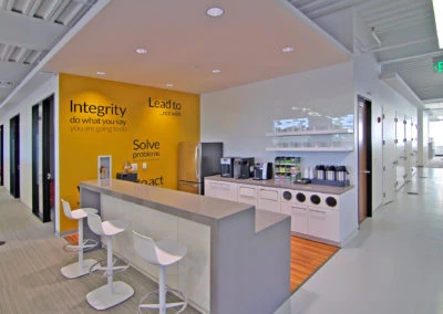 Office kitchenette with Kazar's Electric values: integrity and collaboration in a modern, bright space.