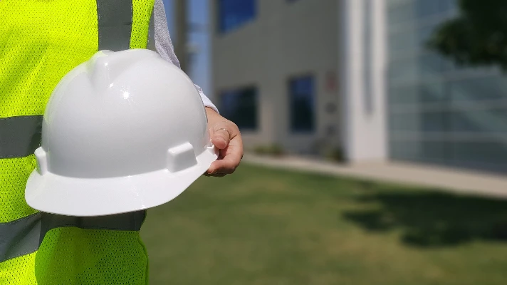 Construction worker holding a white hard hat, wearing a safety vest, in front of a modern building, emphasizing the importance of safety in electrical work and emergency services.