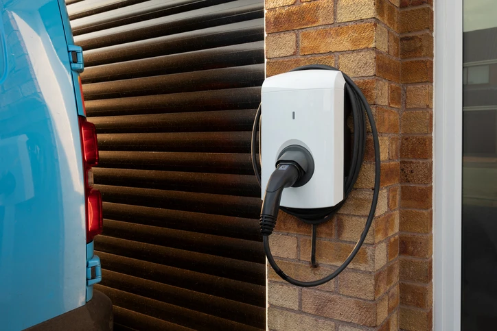Electric vehicle charging station mounted on a brick wall next to a blue vehicle, illustrating modern electrical upgrades for home value enhancement.